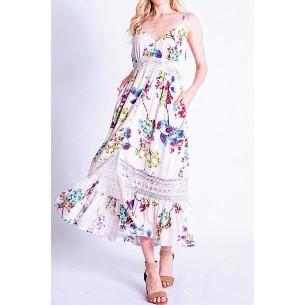 Davi & Dani White Floral Maxi Spghetti Strap Sun Dress Beach Resort Size 3XL